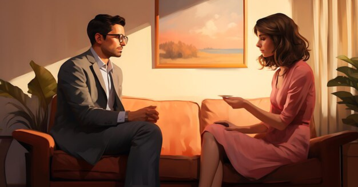 A professional counselling session showing a well-dressed man in a suit attentively listening to a woman in a pink dress seated on a sofa. The serene setting with natural light and decor conveys a calm, safe environment for individual counselling. Topic: Transform Your Life with Expert One-on-One Counselling.