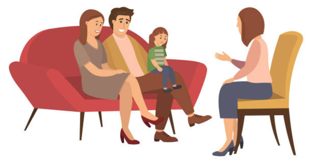 Illustration of a nurturing and supportive scene where a parent and child are sitting together with a counselor in a comfortable setting, symbolizing open communication and understanding in parenting counselling